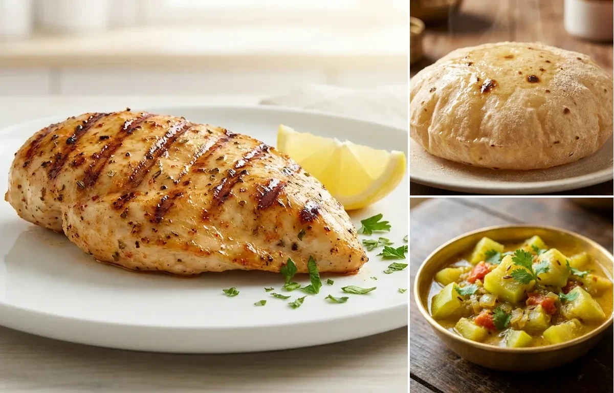 Grilled Chicken Breast with Phulka and Lauki Sabzi