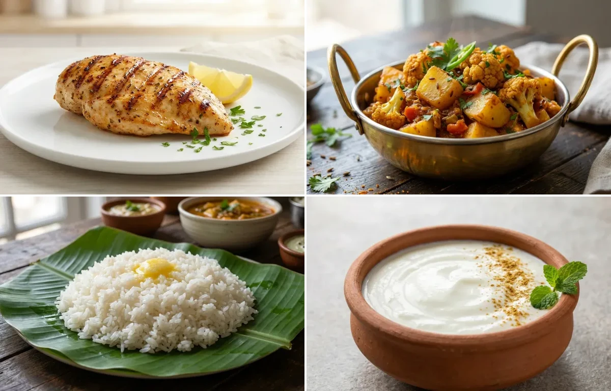 Grilled Chicken Breast with Aloo Gobi with Steamed White Rice with Dahi