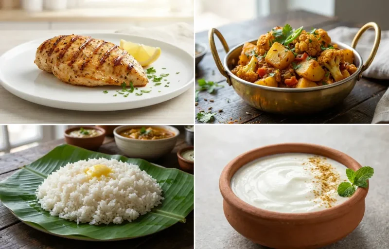 Grilled Chicken Breast with Aloo Gobi with Steamed White Rice with Dahi