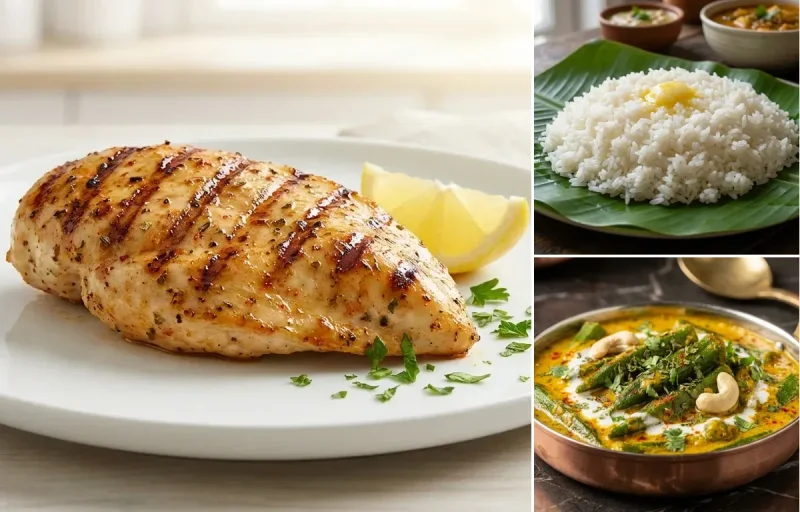Grilled Chicken Breast with Steamed White Rice with Shahi Bhindi with Green Salad