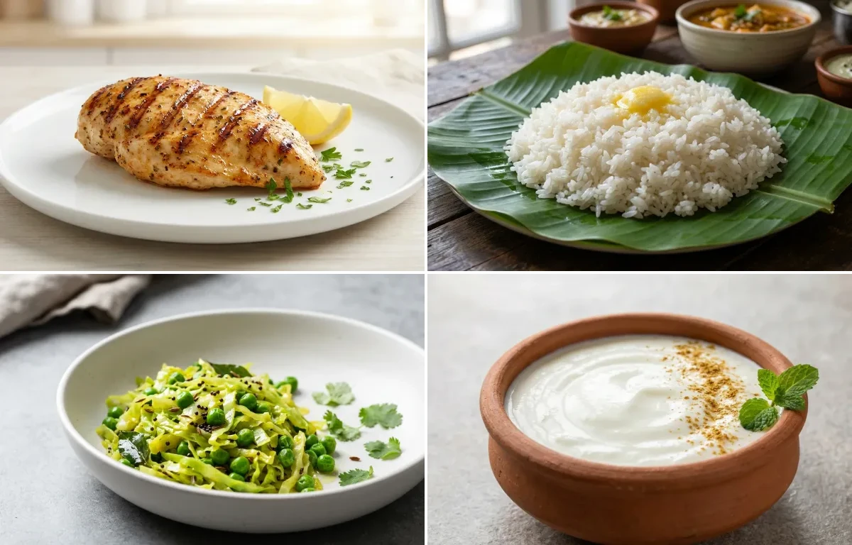 Grilled Chicken Breast with Steamed White Rice with Cabbage Pea Sabzi with Dahi