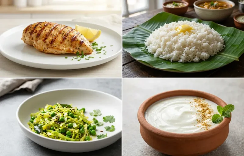 Grilled Chicken Breast with Steamed White Rice with Cabbage Pea Sabzi with Dahi
