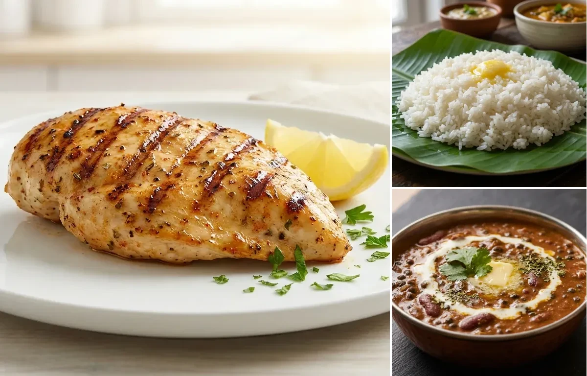 Grilled Chicken Breast with Steamed White Rice with Dal Makhani with Green Salad
