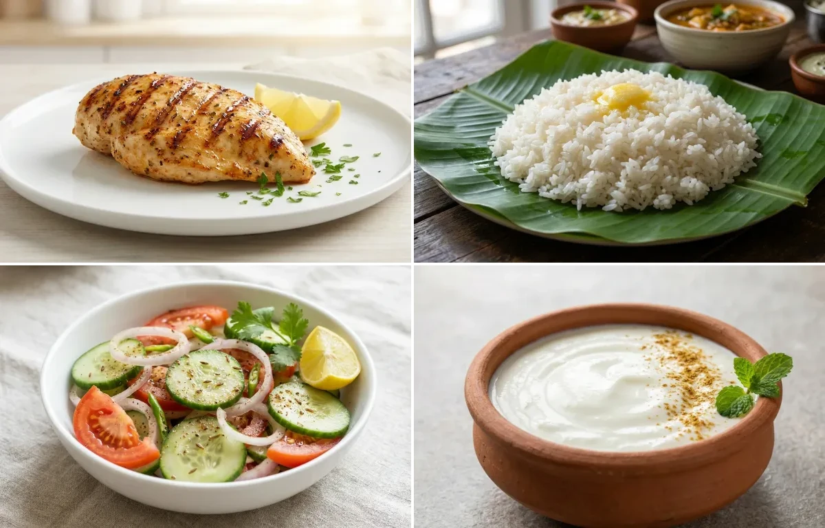 Grilled Chicken Breast with Steamed White Rice with Green Salad with Dahi