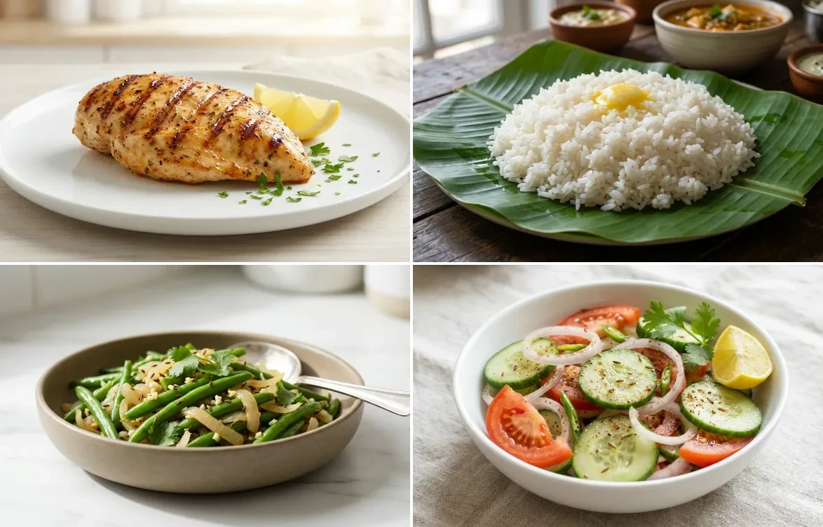 Grilled Chicken Breast with Steamed White Rice with Sauteed Vegetables with Green Salad