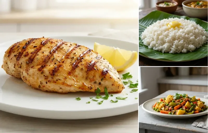 Grilled Chicken Breast with Steamed White Rice with Mixed Vegetable Sabzi with Green Salad