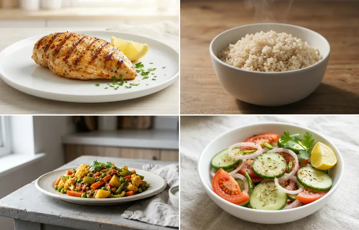 Grilled Chicken Breast with Steamed White Rice with Mixed Vegetable Sabzi with Green Salad