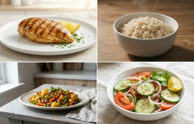 Grilled Chicken Breast with Steamed White Rice with Mixed Vegetable Sabzi with Green Salad