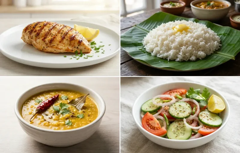 Grilled Chicken Breast with Steamed White Rice with Moong Dal with Green Salad with Dahi