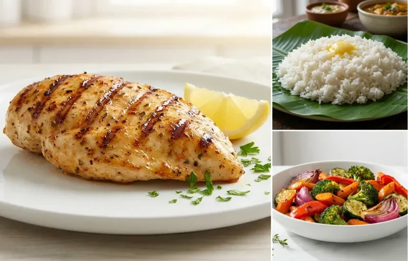 Grilled Chicken Breast with Steamed White Rice with Roasted Vegetables (75% (75% portion) (75% portion) (75% portion) (75% portion)