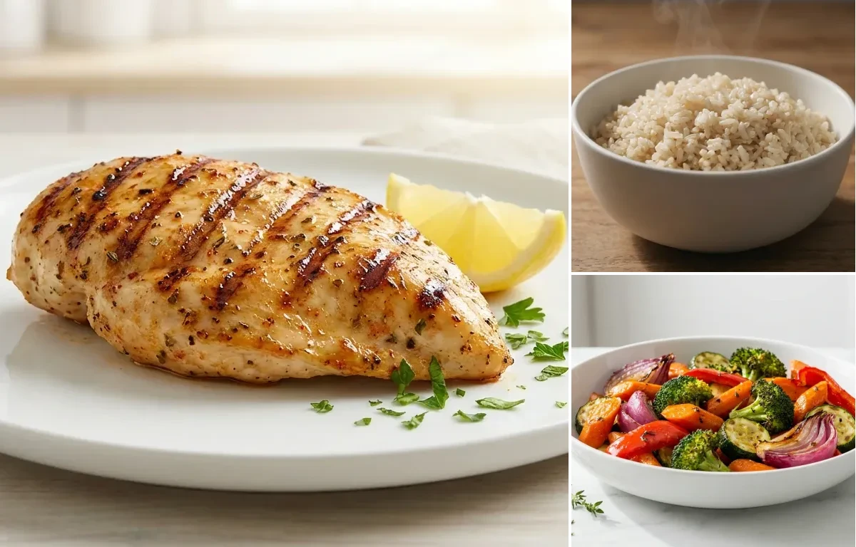 Grilled Chicken Breast with Steamed White Rice with Roasted Vegetables