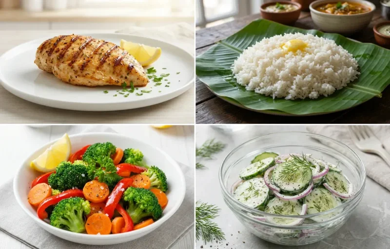 Grilled Chicken Breast with Steamed White Rice with Steamed Vegetables with Cucumber Salad