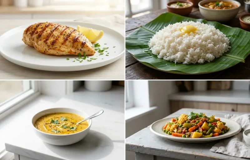 Grilled Chicken Breast with Steamed White Rice with Toor Dal with Mixed Vegetable Sabzi with Dahi