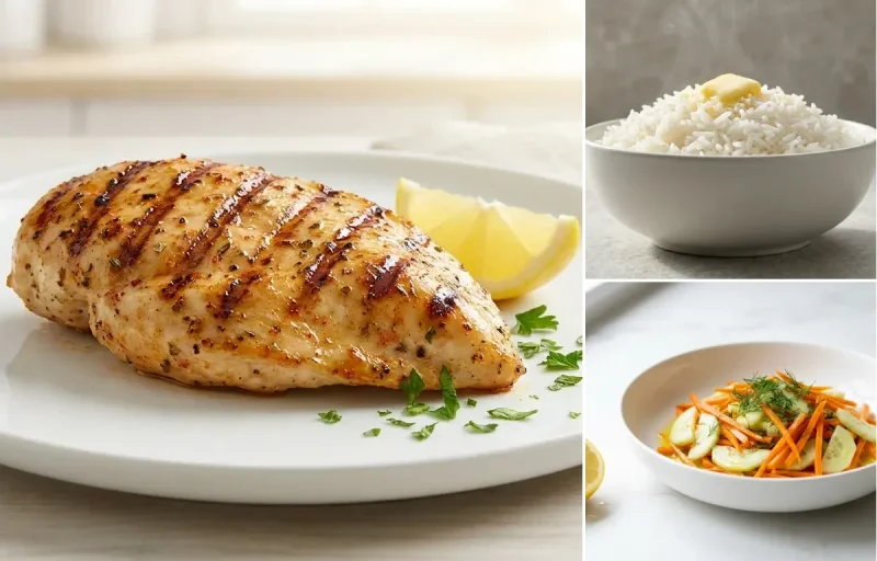 Grilled Chicken Breast with White Rice with Carrot and Cucumber Salad