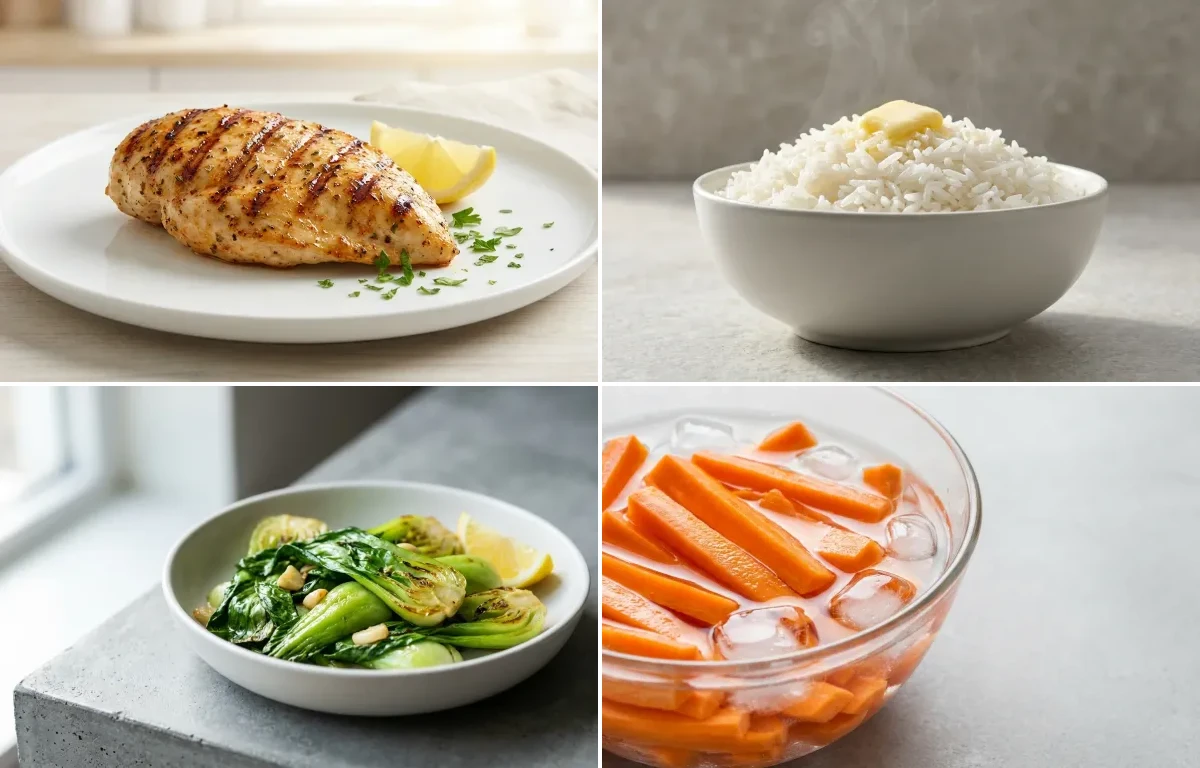 Grilled Chicken Breast with White Rice with Carrot Sticks