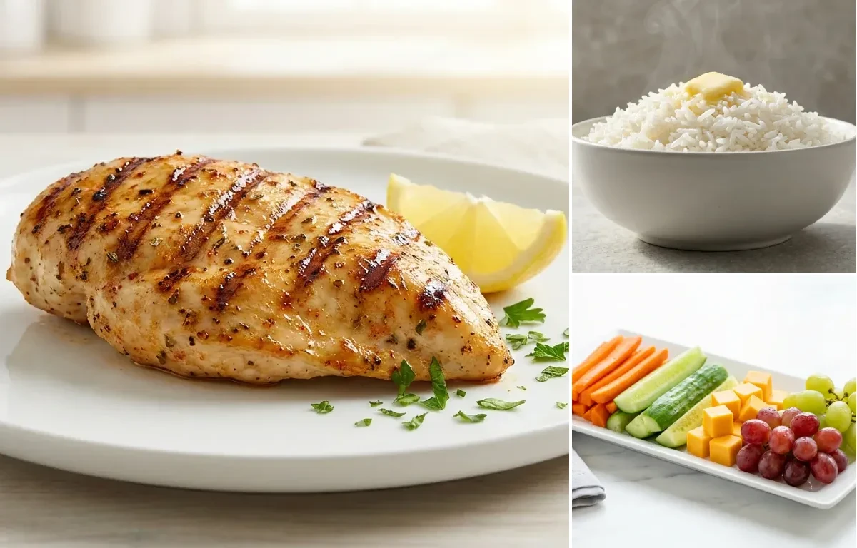 Grilled Chicken Breast with White Rice with Carrots Cucumber Cheese and Grapes