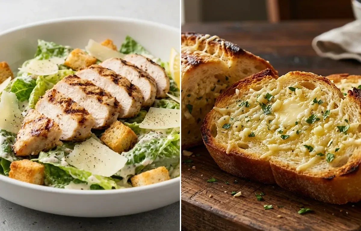 Grilled Chicken Caesar Salad with Garlic Bread