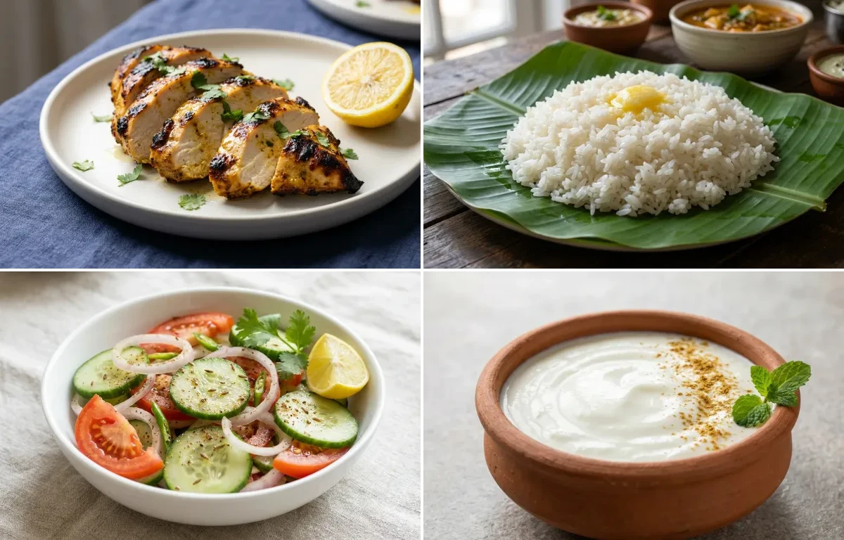 Grilled Chicken with Steamed White Rice with Green Salad with Dahi