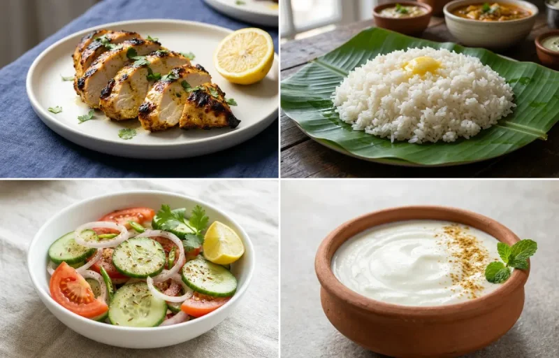 Grilled Chicken with Steamed White Rice with Green Salad with Dahi