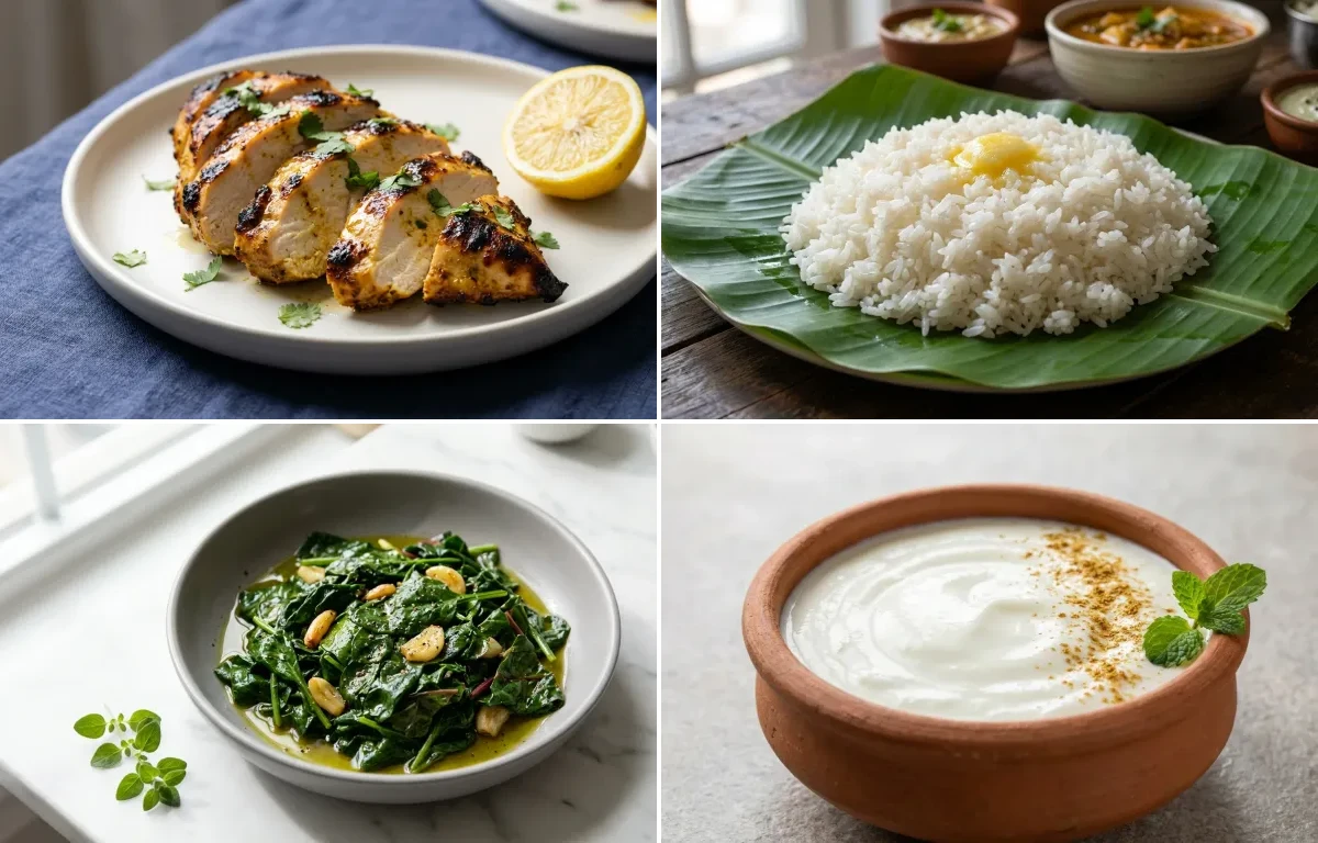 Grilled Chicken with Steamed White Rice with Sautéed Greens with Dahi