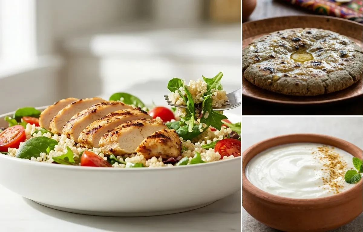 Grilled Chicken Salad with Bajra Roti with Cucumber Salad with Dahi