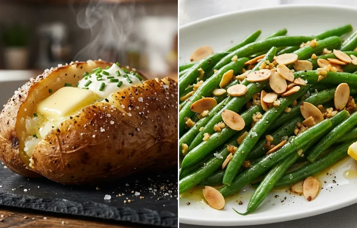 Grilled Chicken Breast with Baked Potato and Garlic Green Beans