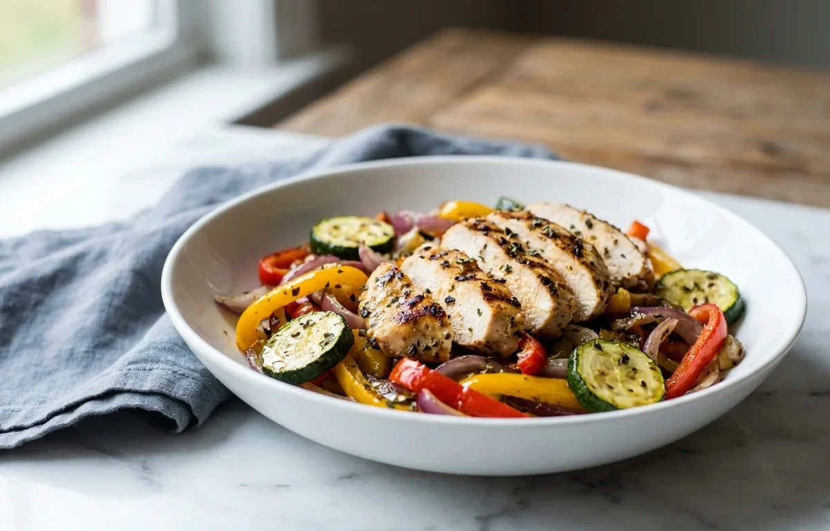 Grilled Chicken with Roasted Vegetables Feta and Lemon Tahini