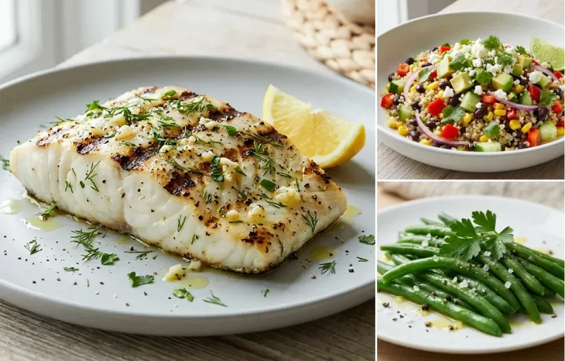 Grilled Halibut with Quinoa Salad and Steamed Green Beans
