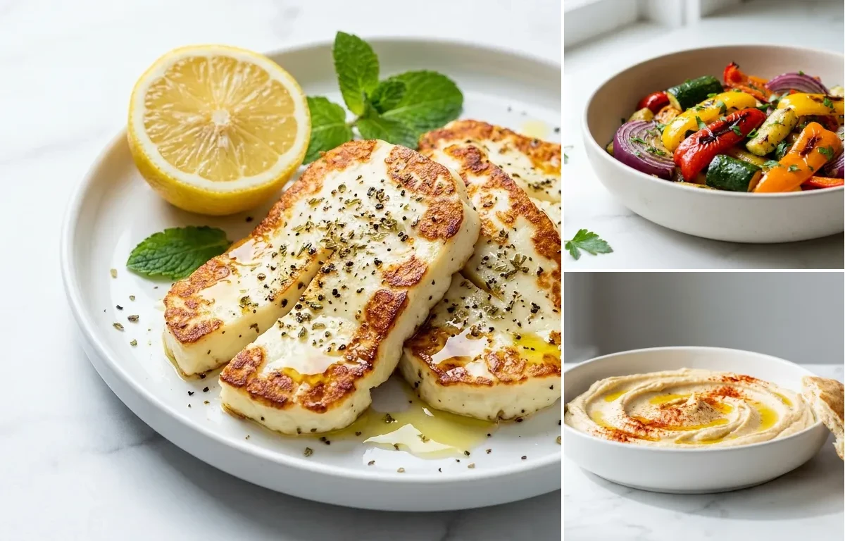 Grilled Halloumi Cheese, Mediterranean Roasted Vegetables and Classic Hummus
