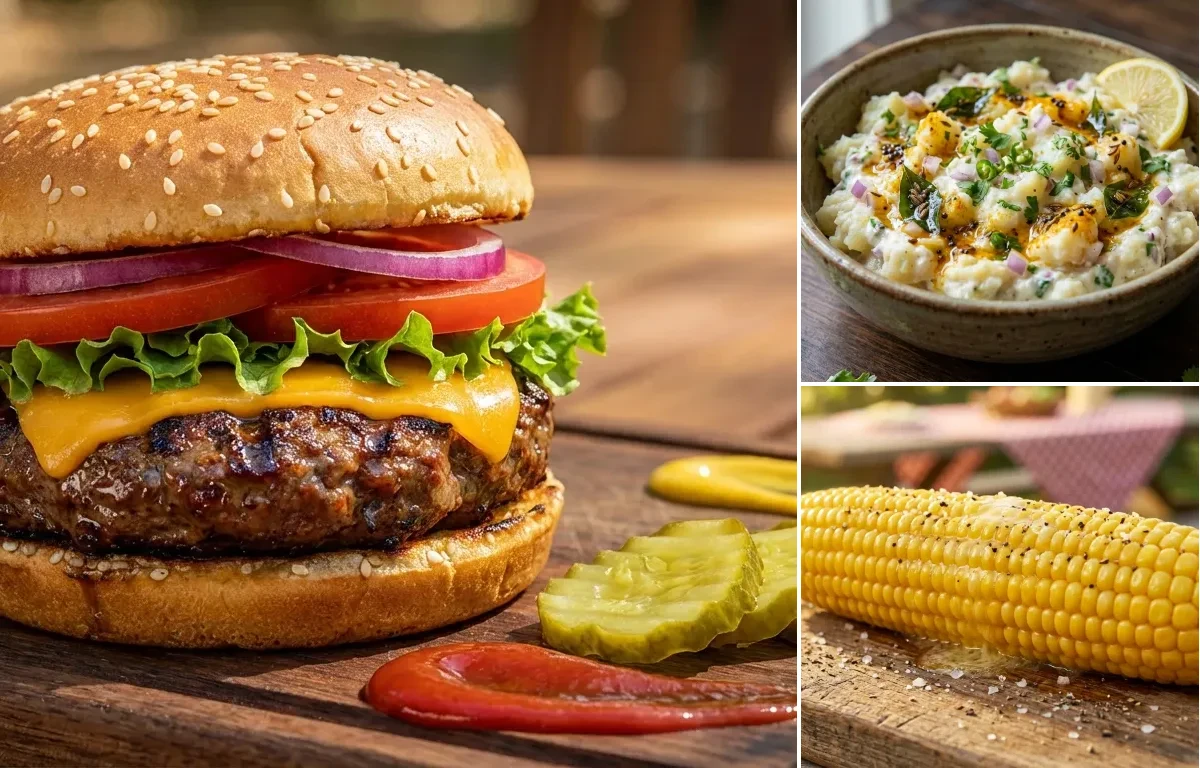 Grilled Hamburgers with Potato Salad and Corn on the Cob