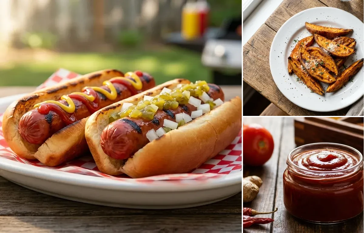 Grilled Hot Dogs with Sweet Potato Wedges and Tomato Ketchup