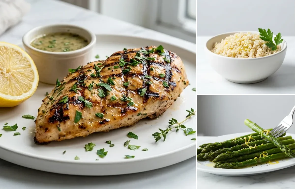Grilled Lemon Herb Chicken Breast, Simple Cooked Quinoa and Steamed Asparagus with Lemon