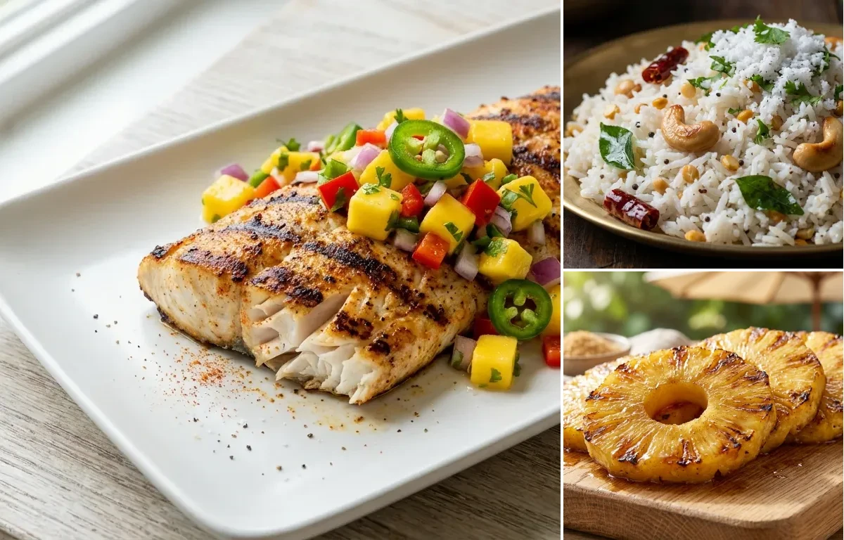 Grilled Mahi-Mahi with Mango Salsa with Coconut Rice and Grilled Pineapple