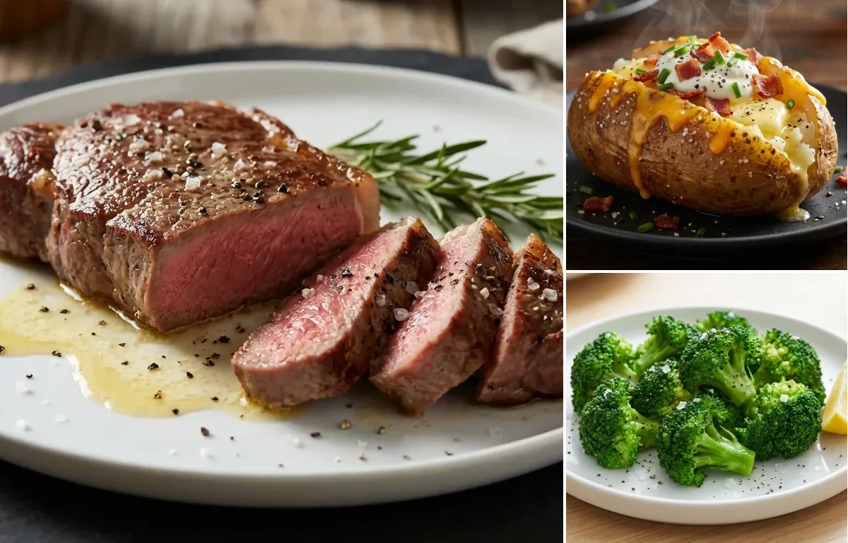 Grilled New York Strip Steak with Loaded Baked Potato and Steamed Broccoli