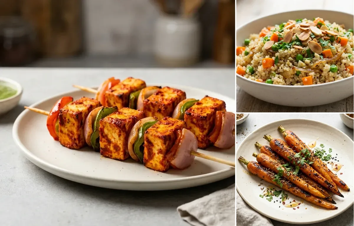 Grilled Paneer Skewers, Quinoa Pilaf and Honey-Cumin Glazed Carrots