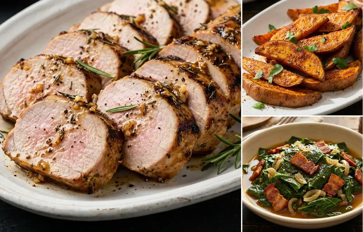 Grilled Pork Tenderloin with Roasted Sweet Potatoes and Collard Greens