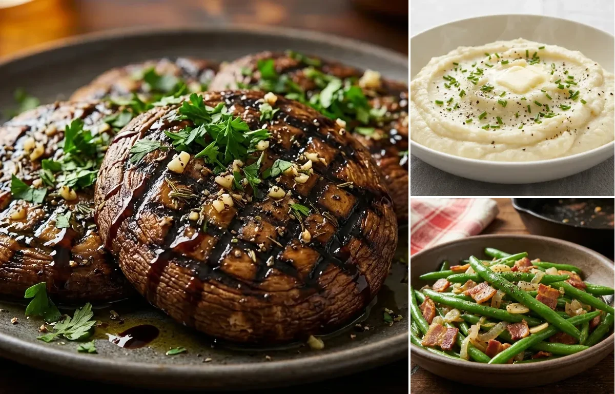Grilled Portobello Mushrooms with Mashed Cauliflower and Sauteed Green Beans with Bacon