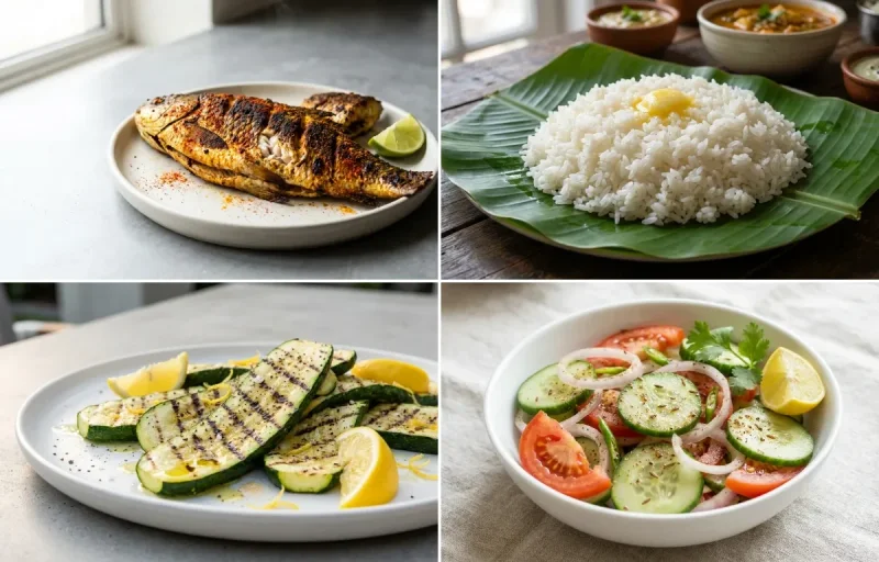 Grilled Rohu with Steamed White Rice with Grilled Zucchini with Green Salad