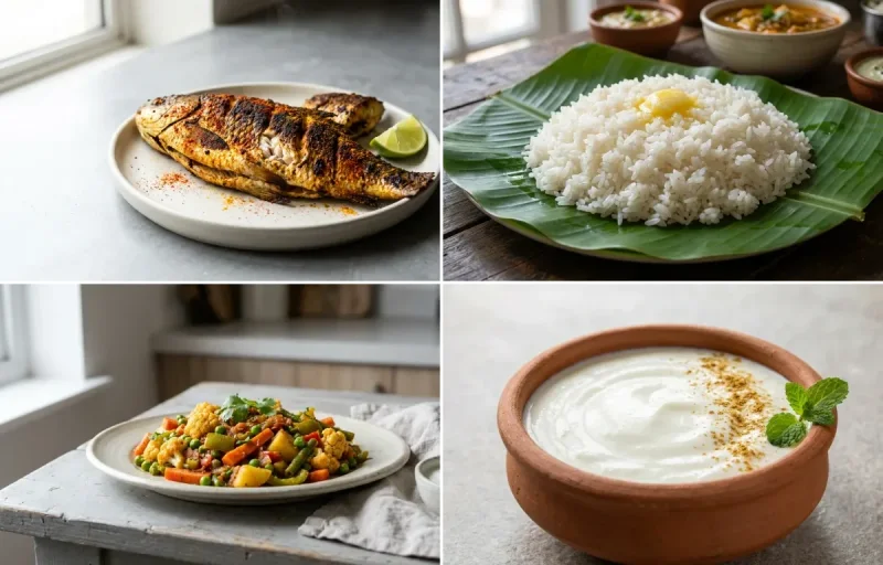 Grilled Rohu with Steamed White Rice with Mixed Vegetable Sabzi with Dahi