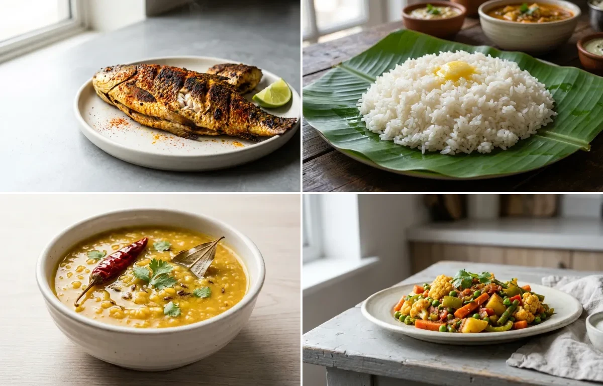 Grilled Rohu with Steamed White Rice with Moong Dal with Mixed Vegetable Sabzi with Dahi