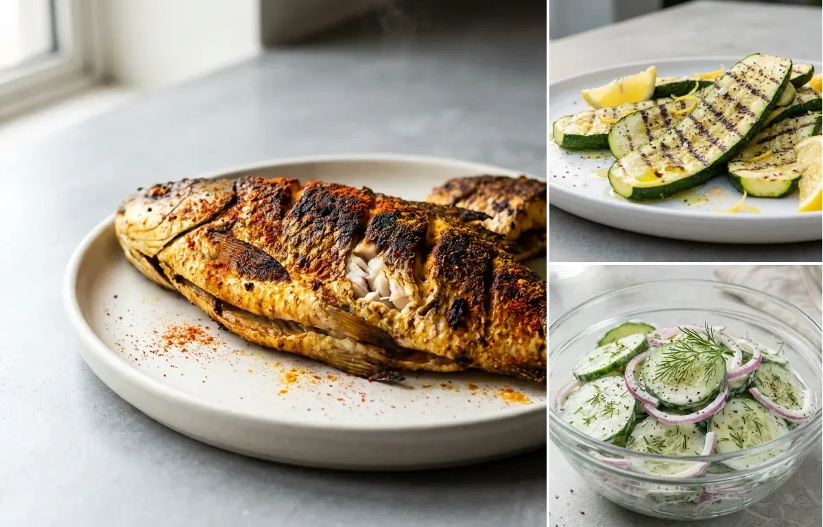 Grilled Rohu with Grilled Zucchini with Cucumber Salad