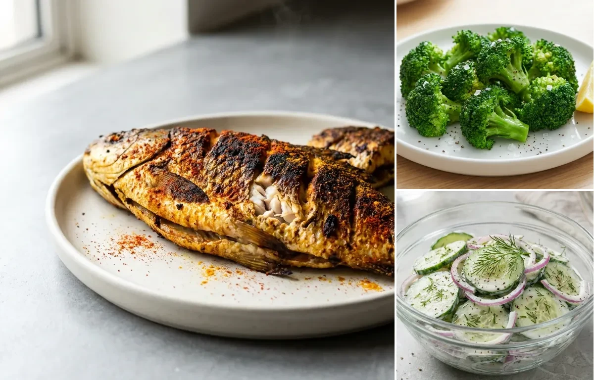 Grilled Rohu with Steamed Broccoli with Cucumber Salad