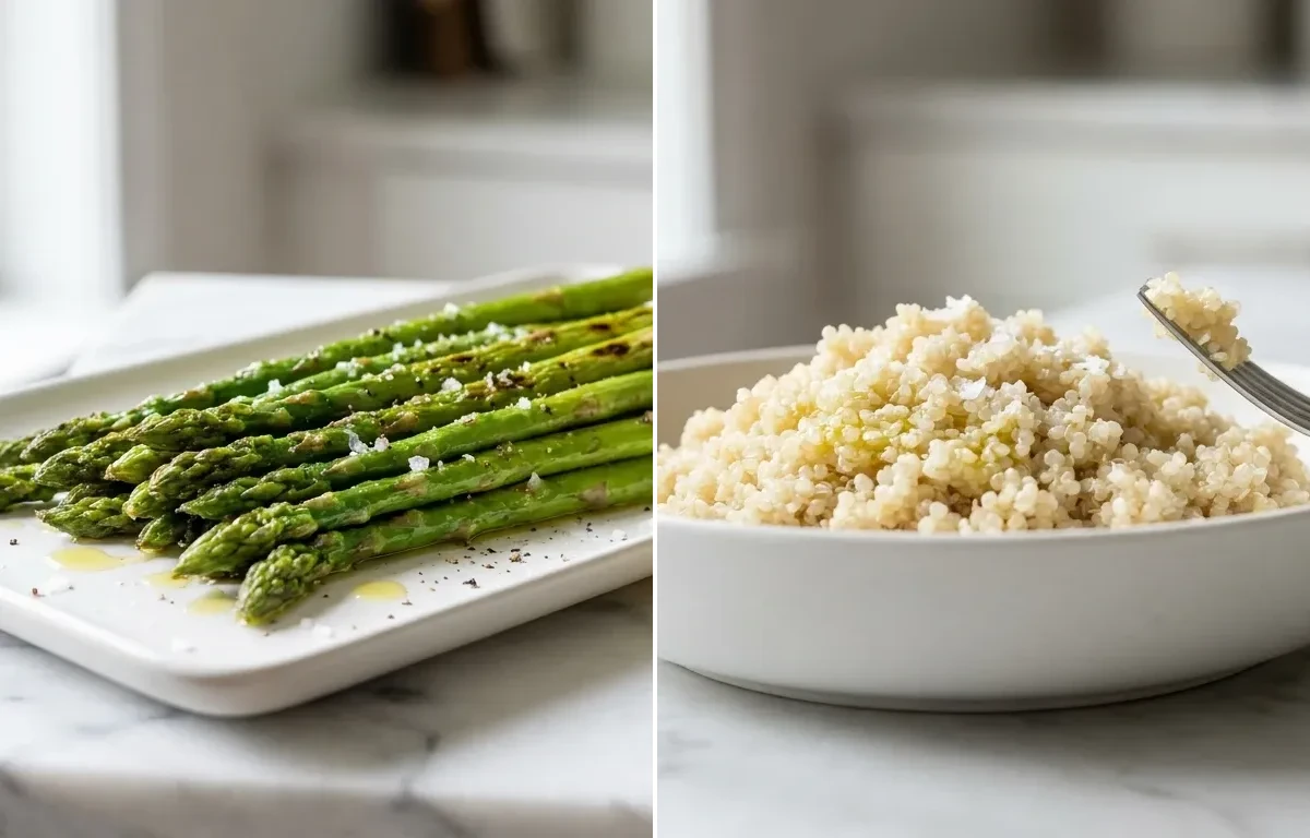 Grilled Salmon, Simple Roasted Asparagus and Fluffy Cooked Quinoa
