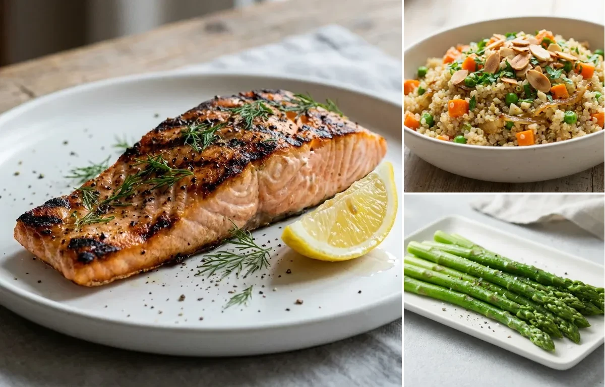 Grilled Salmon with Lemon and Dill with Quinoa Pilaf and Steamed Asparagus