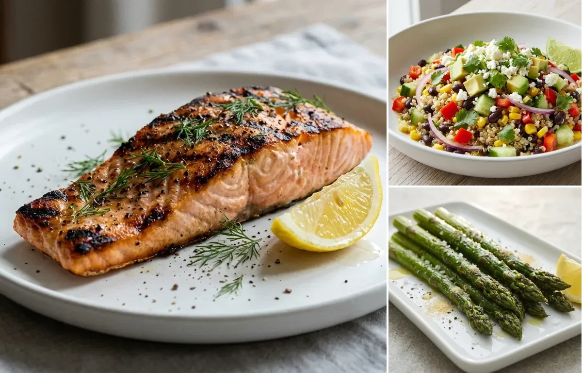 Grilled Salmon with Lemon and Dill with Quinoa Salad and Roasted Asparagus