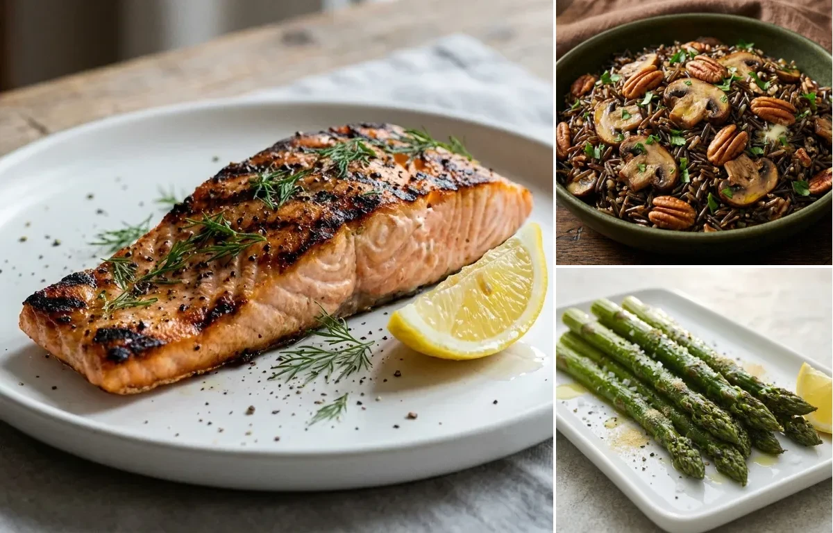 Grilled Salmon with Lemon and Dill with Wild Rice Pilaf with Mushrooms and Pecans and Roasted Asparagus