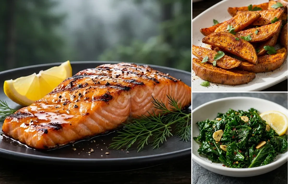 Grilled Salmon with Maple Glaze with Roasted Sweet Potatoes and Sauteed Kale with Garlic