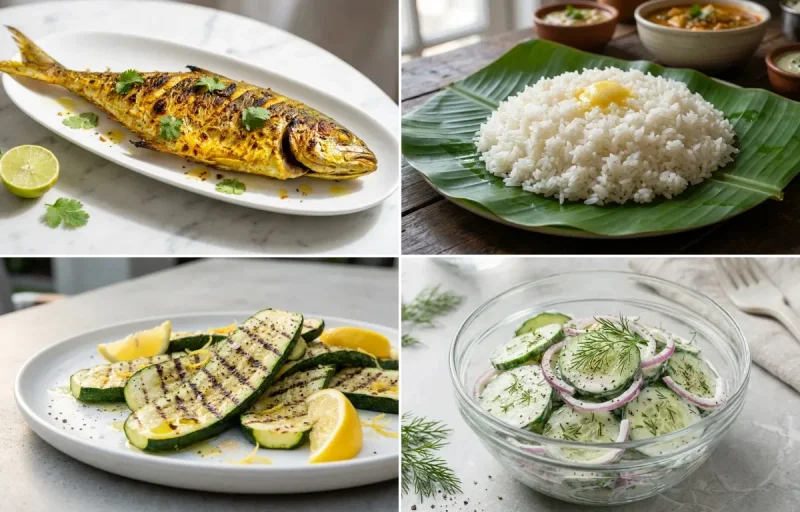 Grilled Surmai with Steamed White Rice with Grilled Zucchini with Cucumber Salad