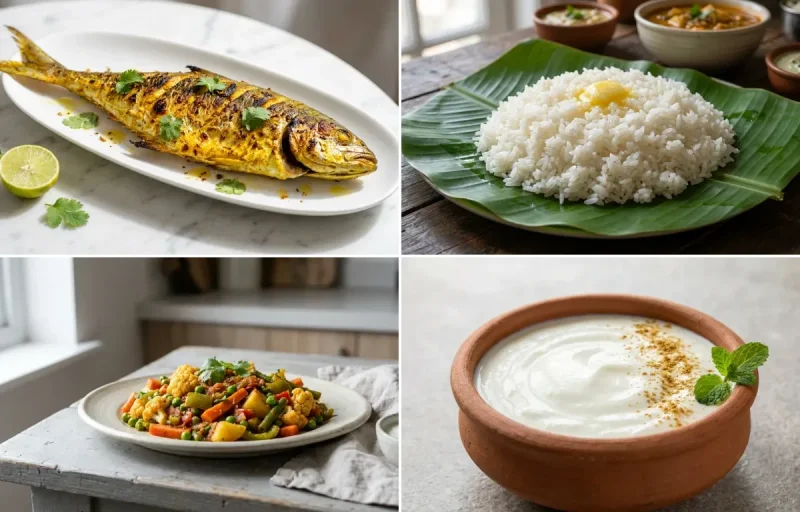 Grilled Surmai with Steamed White Rice with Mixed Vegetable Sabzi with Dahi