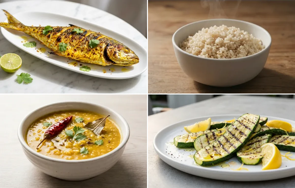 Grilled Surmai with Steamed White Rice with Moong Dal with Grilled Zucchini with Dahi